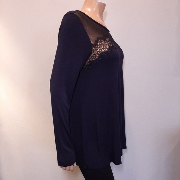 TAHARI Sheer Mesh Lace Asymmetric Long Sleeve Tunic Top Flowy Rayon - Picture 7 of 11